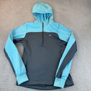 Nike Running Jacket Womens Small Blue Dri Fit 1/2 Zip Hood Lightweight Rain Wind